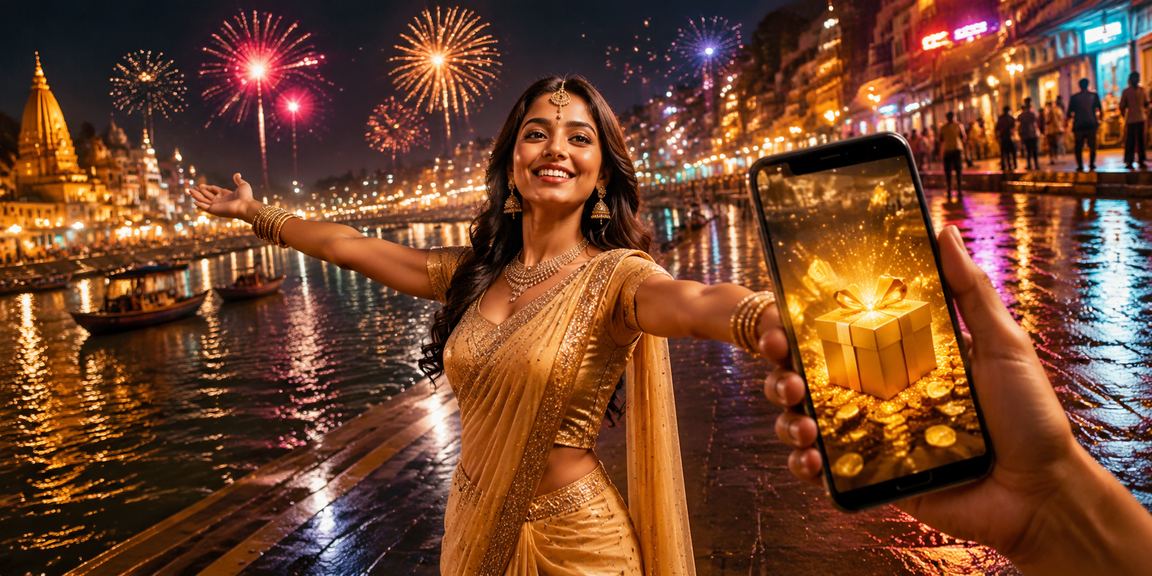Varanasi ghat night market with mobile casino theme